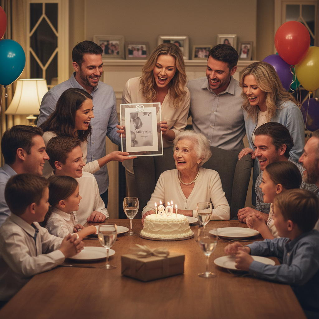 Family celebrating an 80th birthday presenting the Milestones Silver Age 80 Photo Frame as a gift