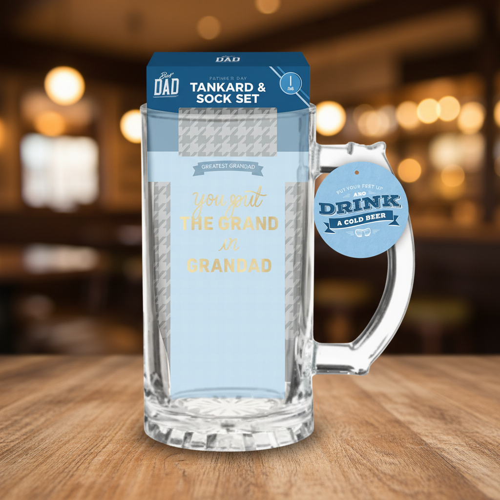 Grandad tankard and novelty socks gift set displayed on rustic wooden table with warm bokeh lighting