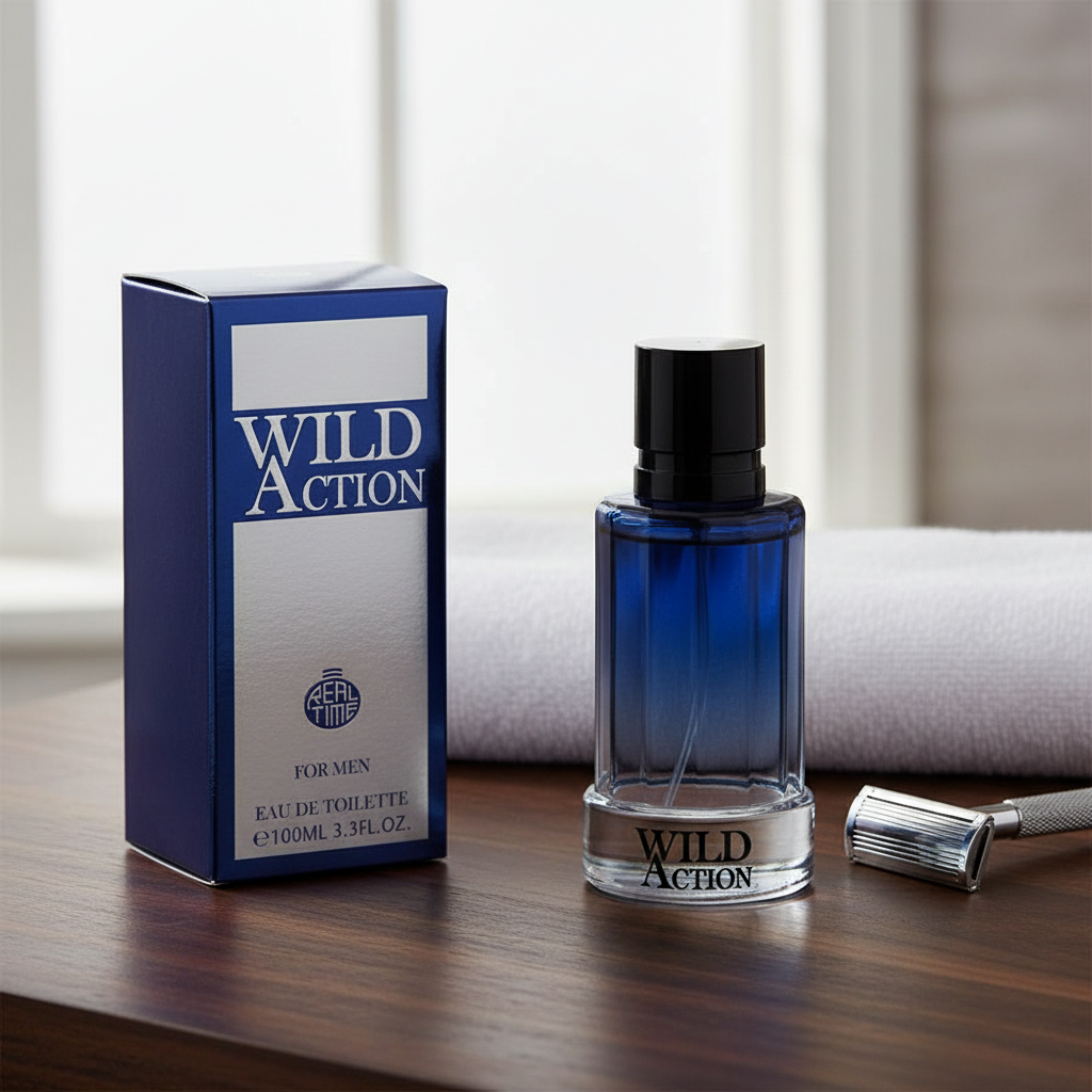 Real Time Wild Action EDT navy blue bottle and box styled on masculine grooming shelf with natural window light