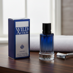 Real Time Wild Action EDT navy blue bottle and box styled on masculine grooming shelf with natural window light
