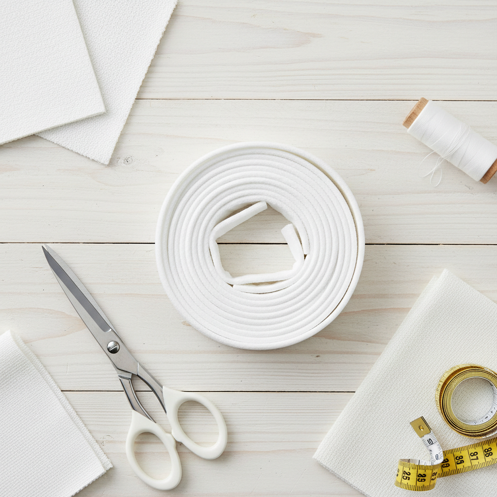 Flat lay of soft white elastic coiled on a wooden surface with sewing scissors and thread