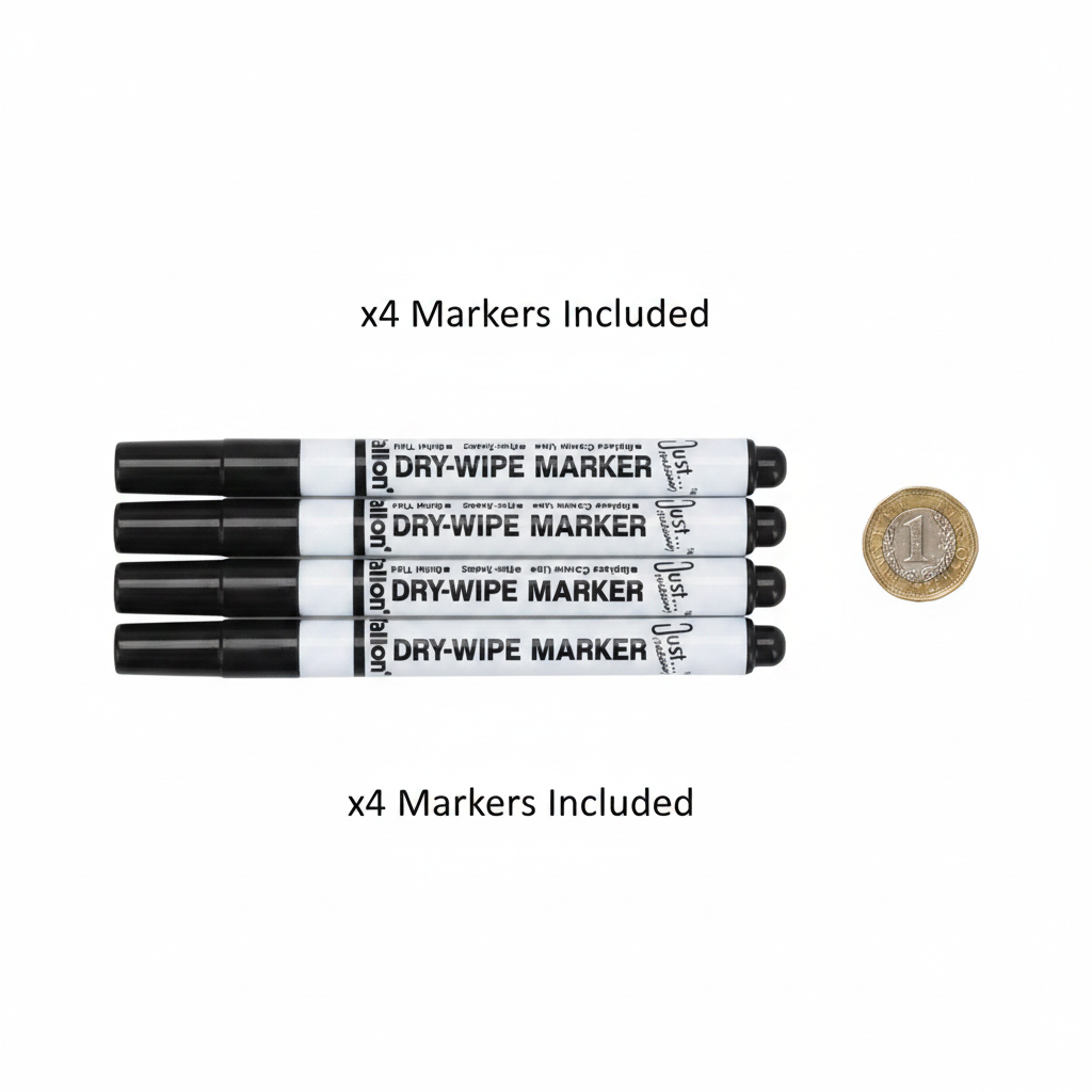 Tallon Dry Wipe Markers Pack of 4 flat lay with £1 coin for scale