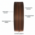 20 inch one piece straight clip-in hair extension in colour #2/5 Azalea dark brown with feature callout labels on white background