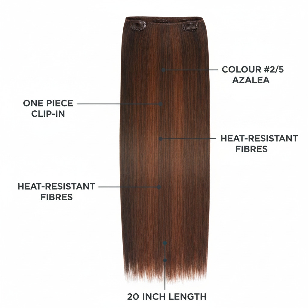 20 inch one piece straight clip-in hair extension in colour #2/5 Azalea dark brown with feature callout labels on white background