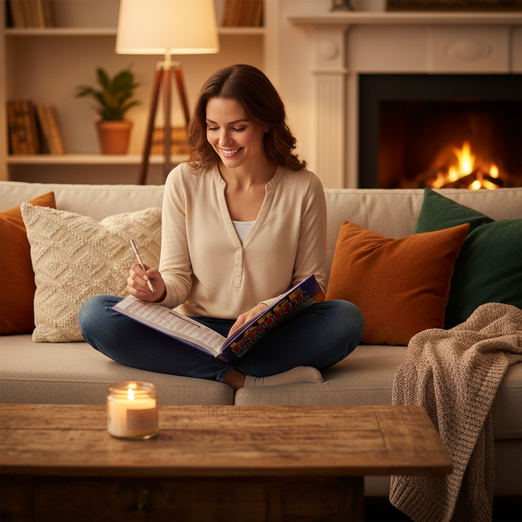 Young woman relaxing on sofa enjoying an A5 Large Print Word Search puzzle book
