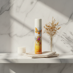 Insette Ladies Body Spray Musk 75ml styled on a marble bathroom vanity shelf with candle and dried flowers in natural window light