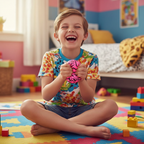 Happy child squishing a neon pink zebra-print Scrunchems Neon Safari Squish Stress Ball in a colourful bedroom