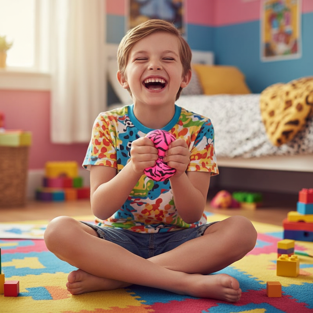 Happy child squishing a neon pink zebra-print Scrunchems Neon Safari Squish Stress Ball in a colourful bedroom