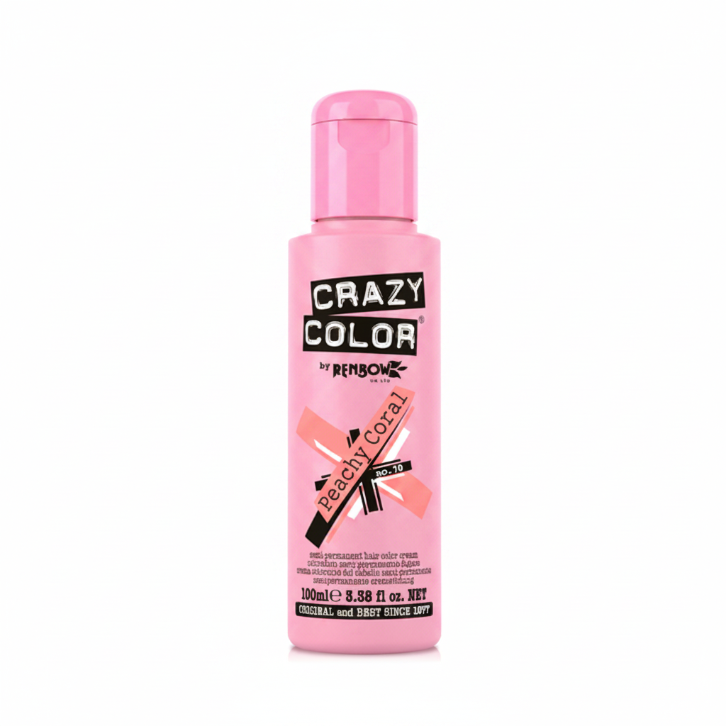 Crazy Color Peachy Coral No.70 Semi-Permanent Hair Dye 100ml on white studio background, professional product photography