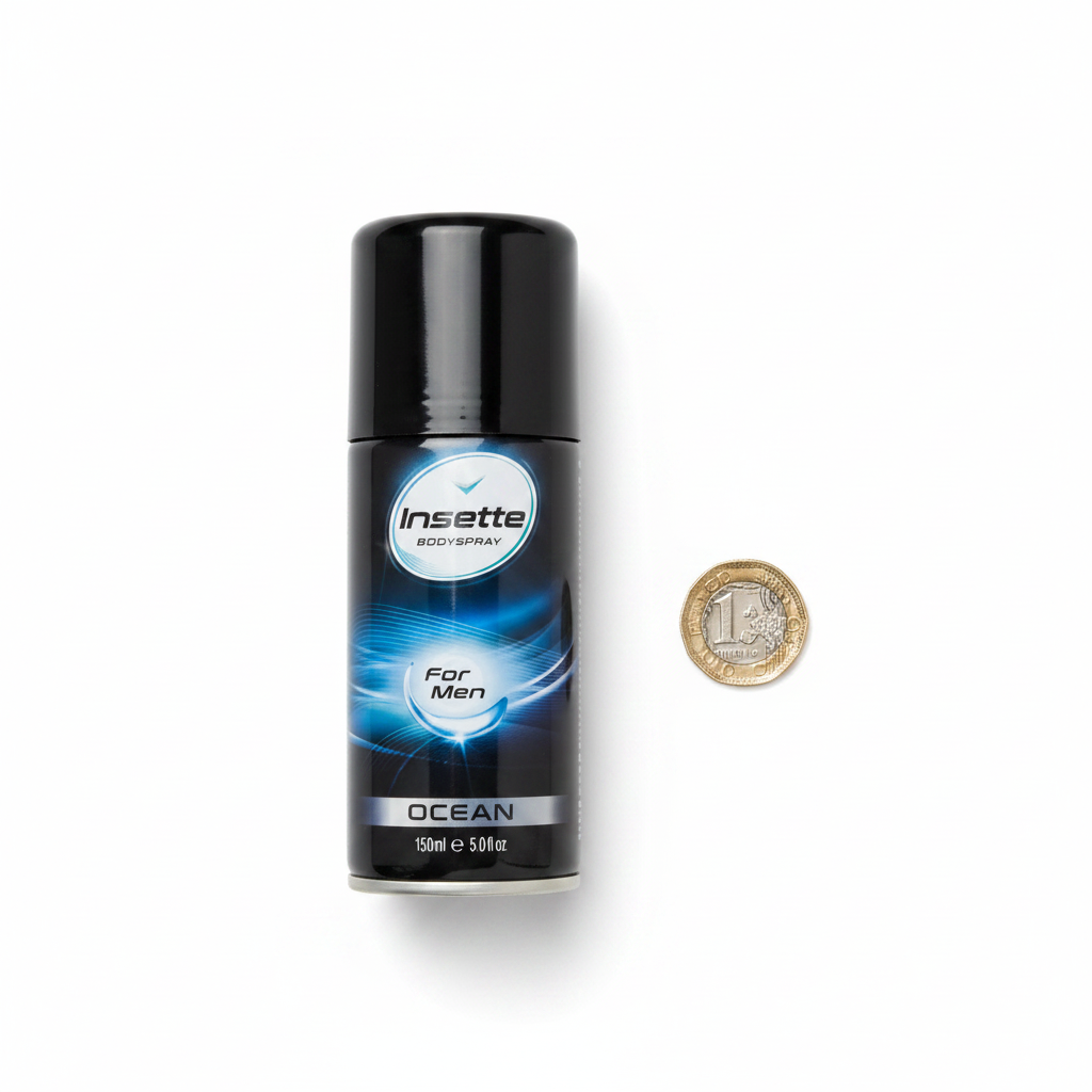 Insette Mens Body Spray Ocean 150ml placed beside a £1 coin on white background to show scale