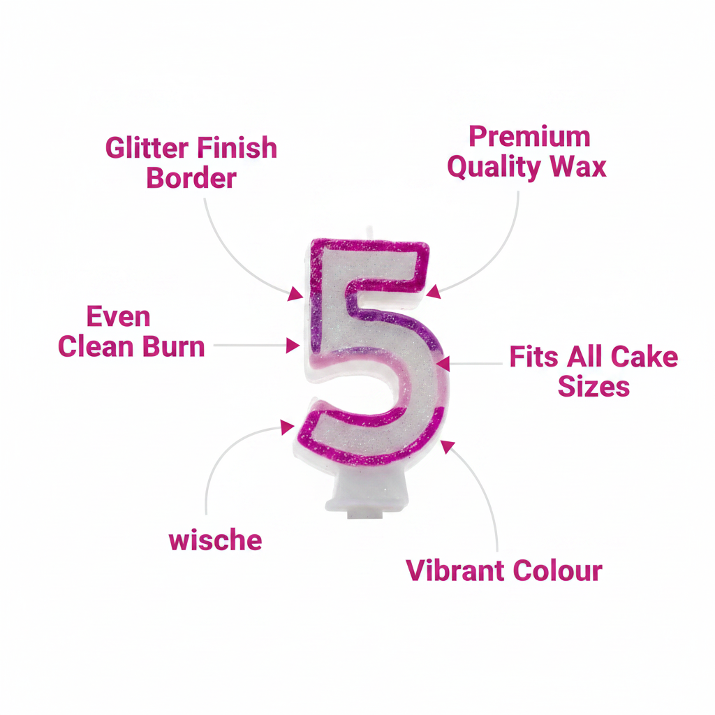 Pink glitter number 5 birthday candle infographic on white background with feature callout labels: glitter finish, premium wax, even burn, fits all cakes, vibrant colour