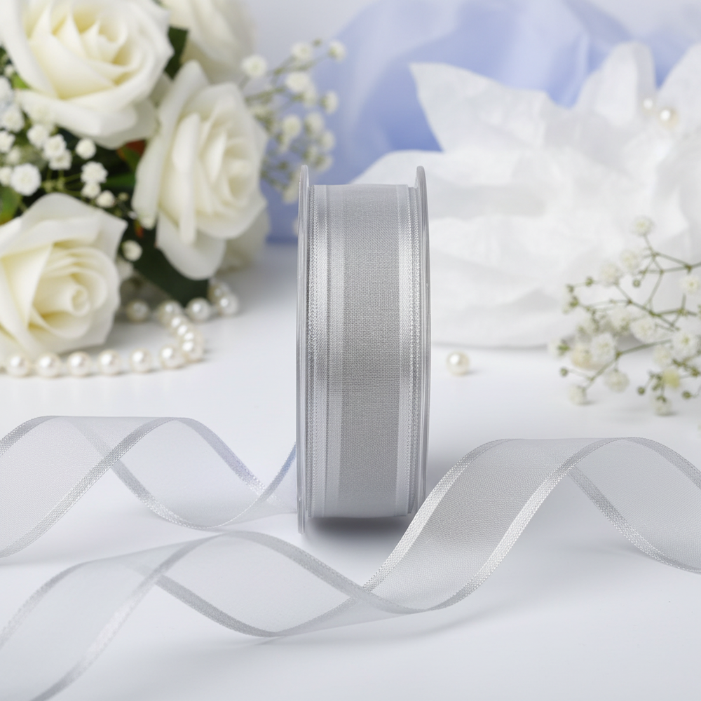 Eleganza silver satin edge organza ribbon 25mm x 25m - premium gift wrapping ribbon