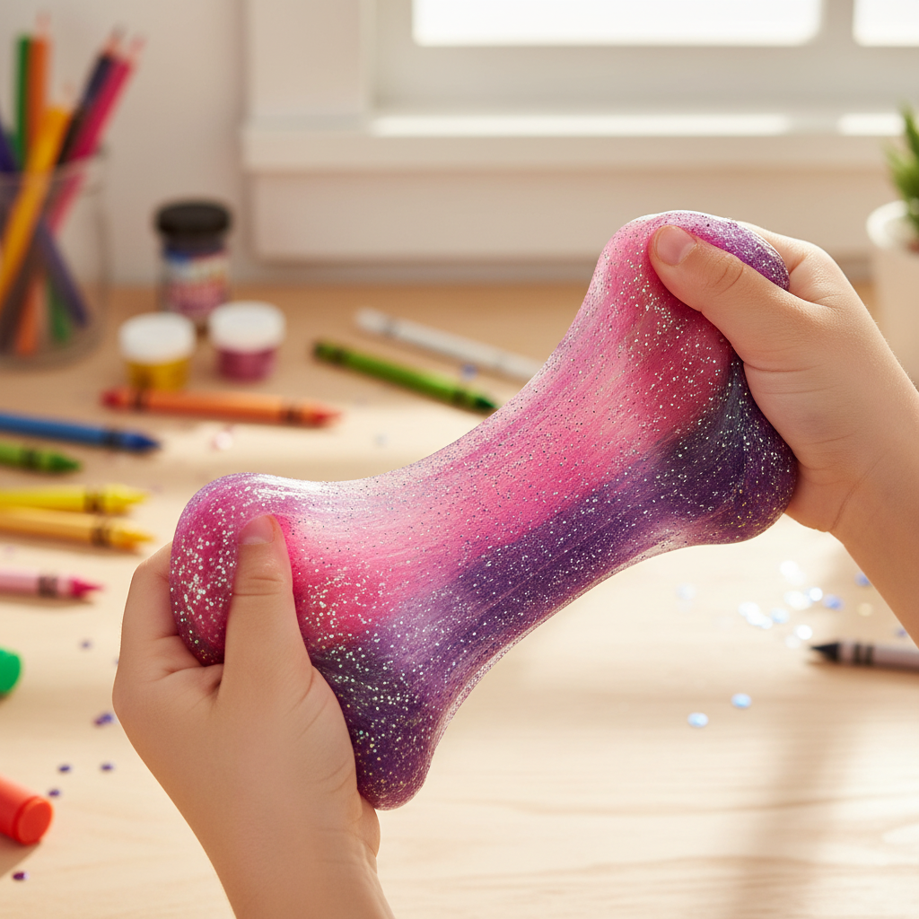 Child playing with glitter crystal putty, stretching the sparkling material during creative play