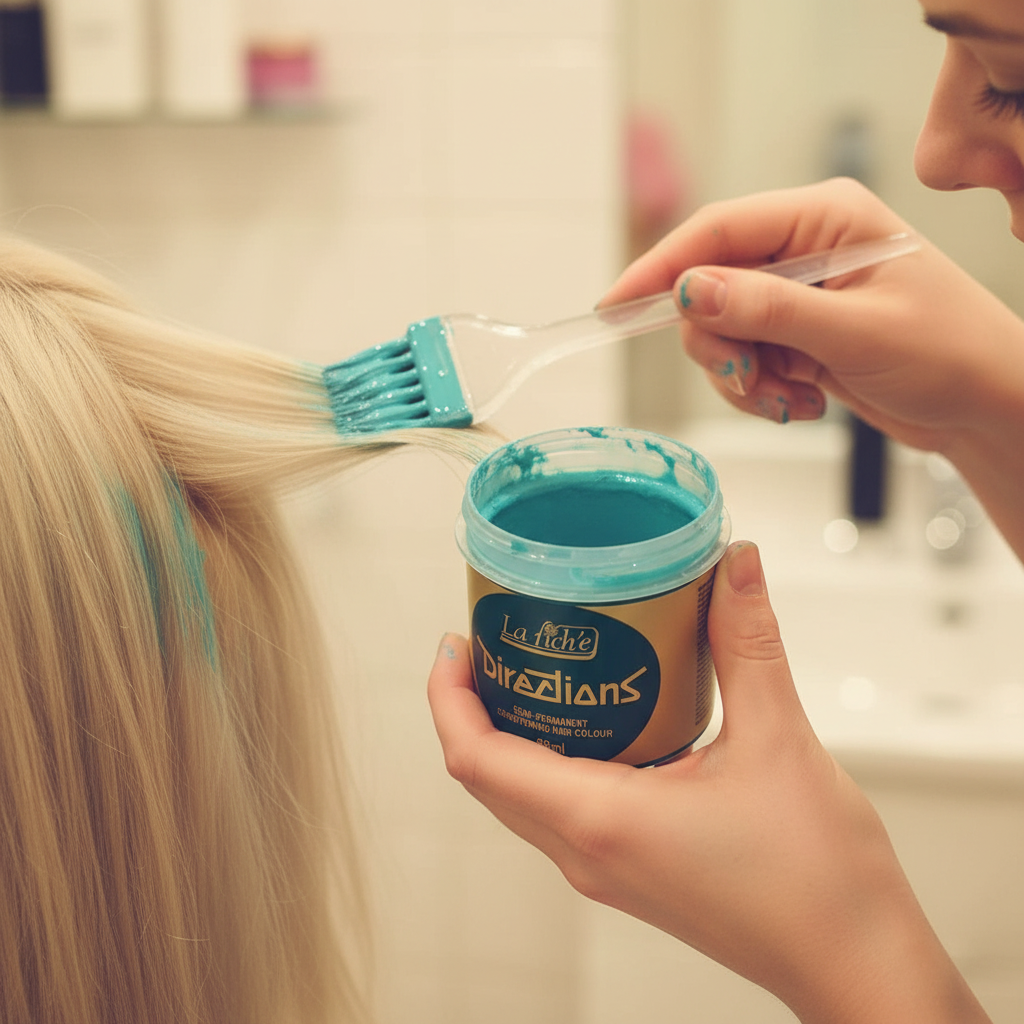 Person applying La Riche Directions Turquoise hair dye with a brush in a candid authentic moment, product sharp in foreground