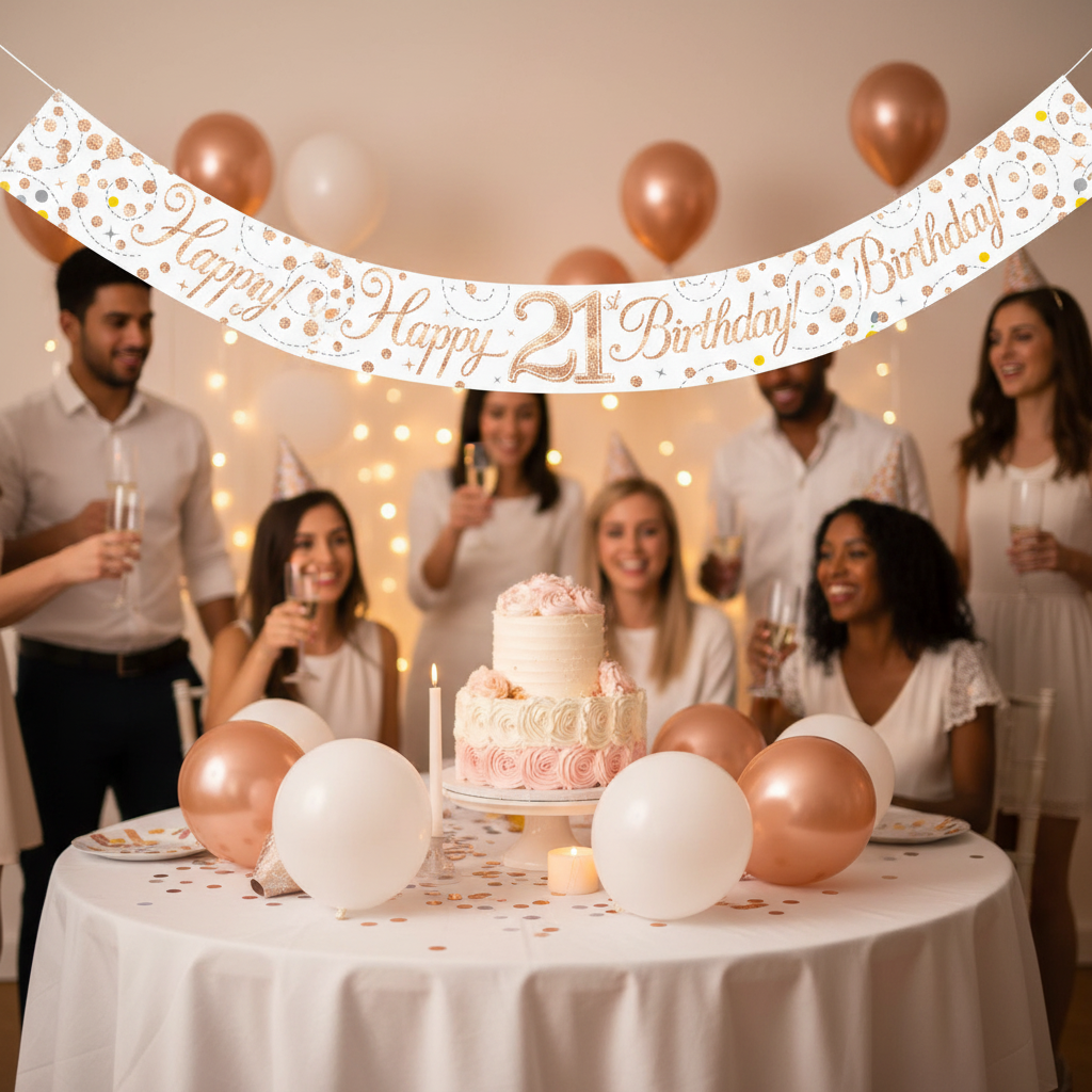 sparkling-fizz-birthday-banner-party-scene-celebration.jpg - Birthday party scene with white rose gold holographic banner displayed above decorated table