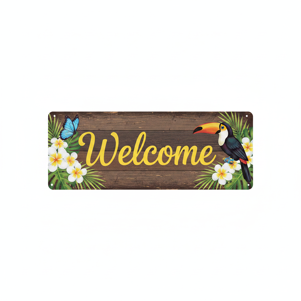 Cardboard Hawaiian Welcome Sign 13x60cm with tropical Aloha design on white background