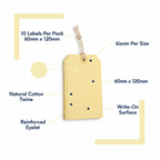 Tie-on manilla luggage labels infographic showing key features: 10 labels per pack, 60mm x 120mm size, natural cotton twine, reinforced eyelet, write-on surface
