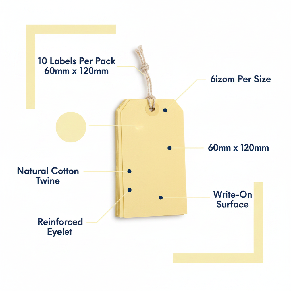 Tie-on manilla luggage labels infographic showing key features: 10 labels per pack, 60mm x 120mm size, natural cotton twine, reinforced eyelet, write-on surface