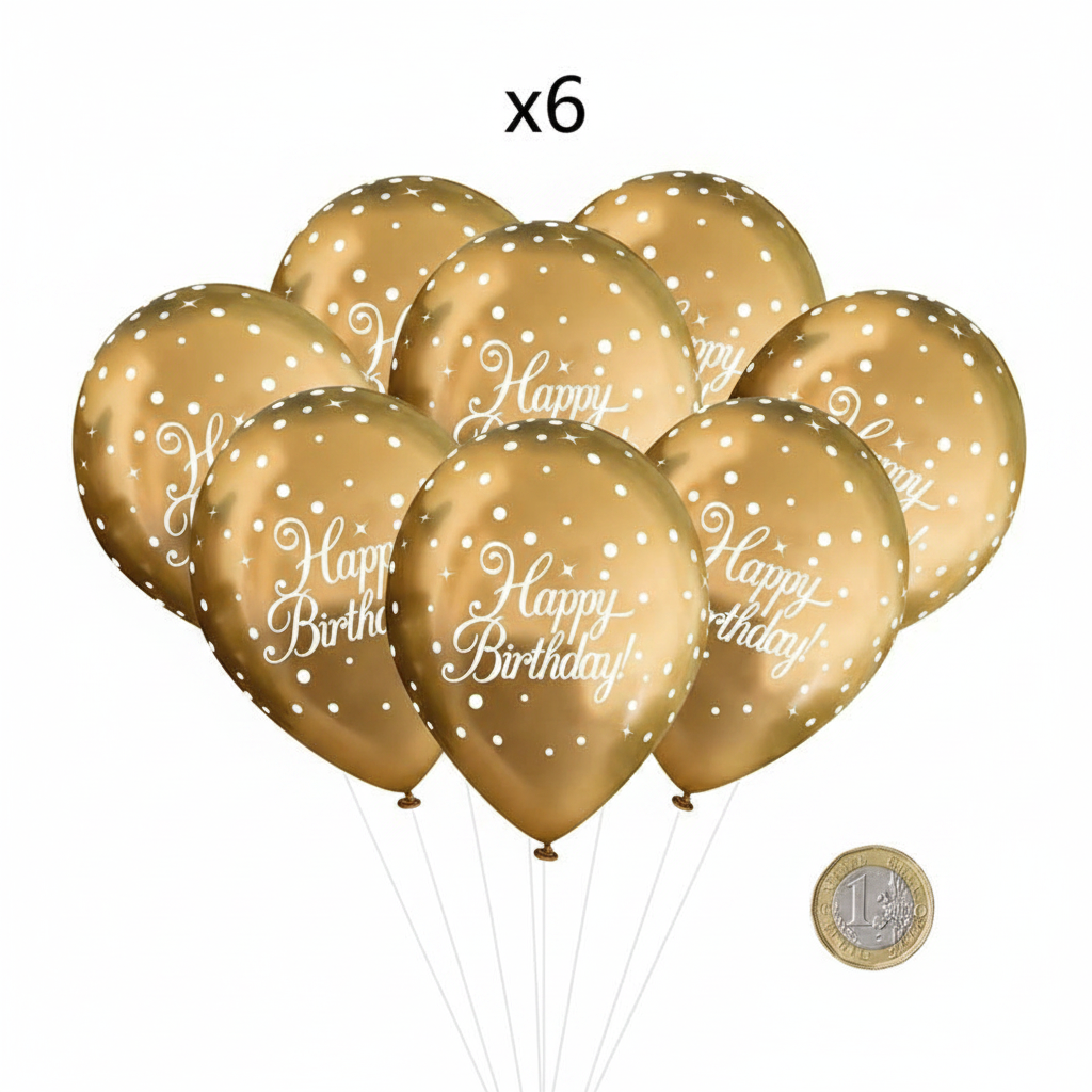 Six gold sparkling fizz Happy Birthday latex balloons laid flat on white background beside a £1 coin to show 11 inch size scale
