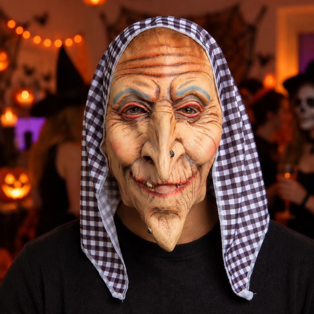 Adult wearing the wrinkled old hag mask at a Halloween party