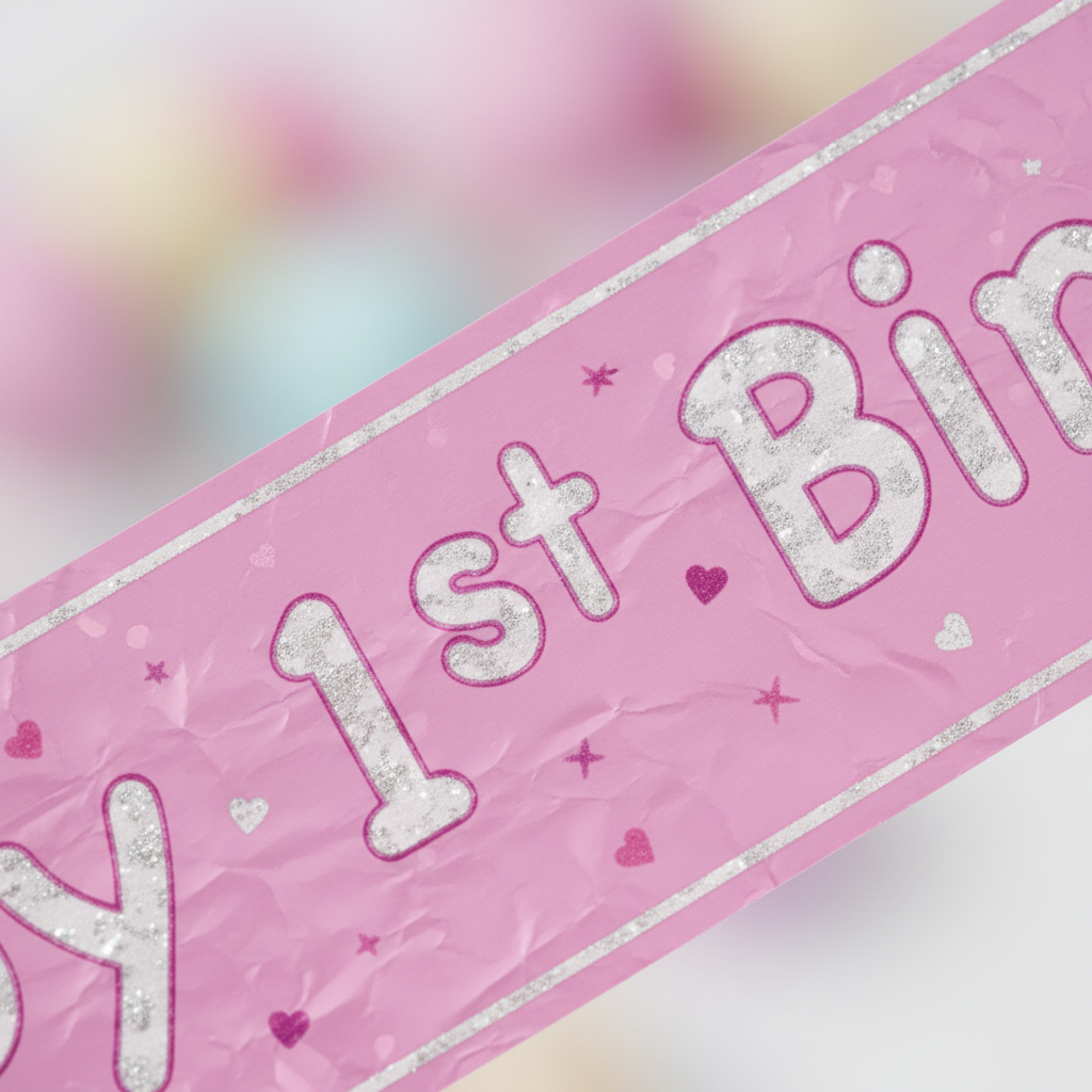 Close-up macro detail of Pink Glitz 1st Birthday foil banner texture and lettering