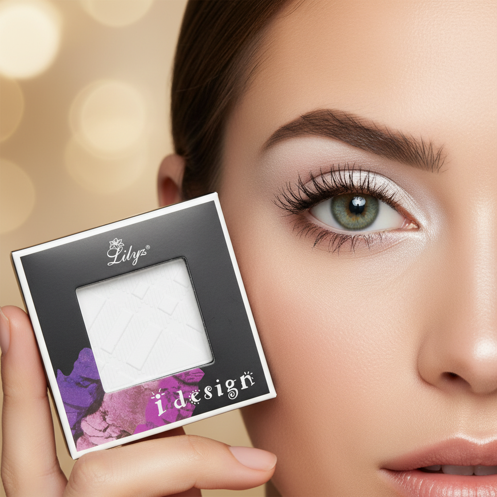 Close-up of snow white shimmer eyeshadow look with Lilyz compact held beside eye