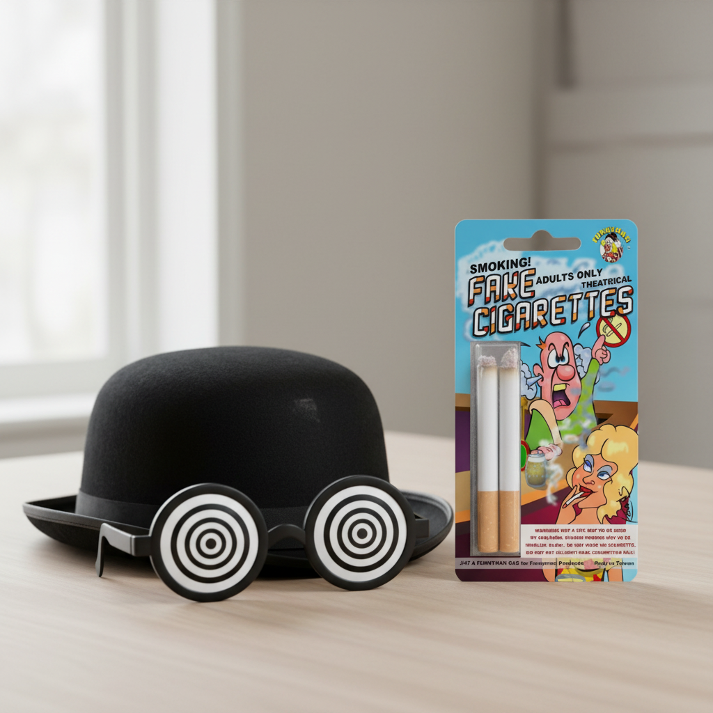 Funnyman fake cigarettes blister pack on wooden table with comedy props, natural window light
