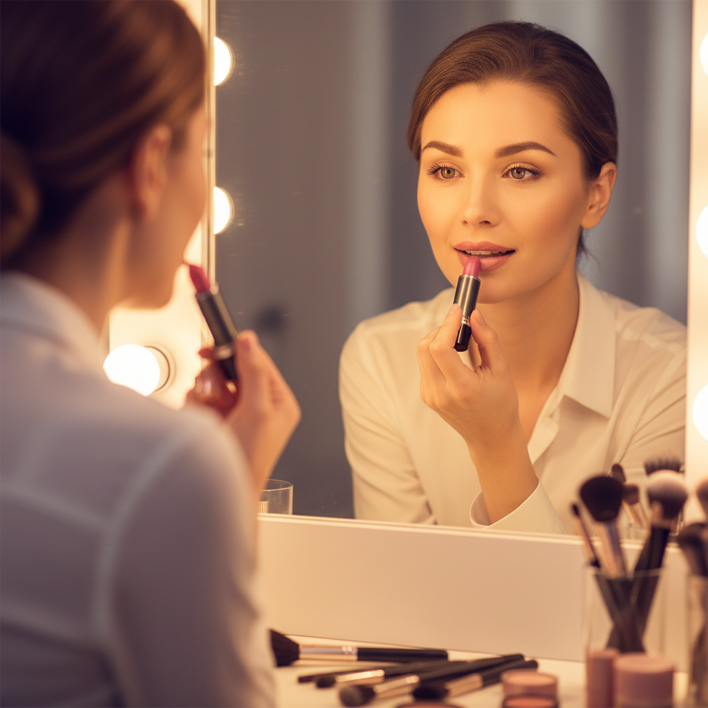 Woman applying Laval Dawn Glow 38 pink lipstick at vanity mirror in candid lifestyle moment