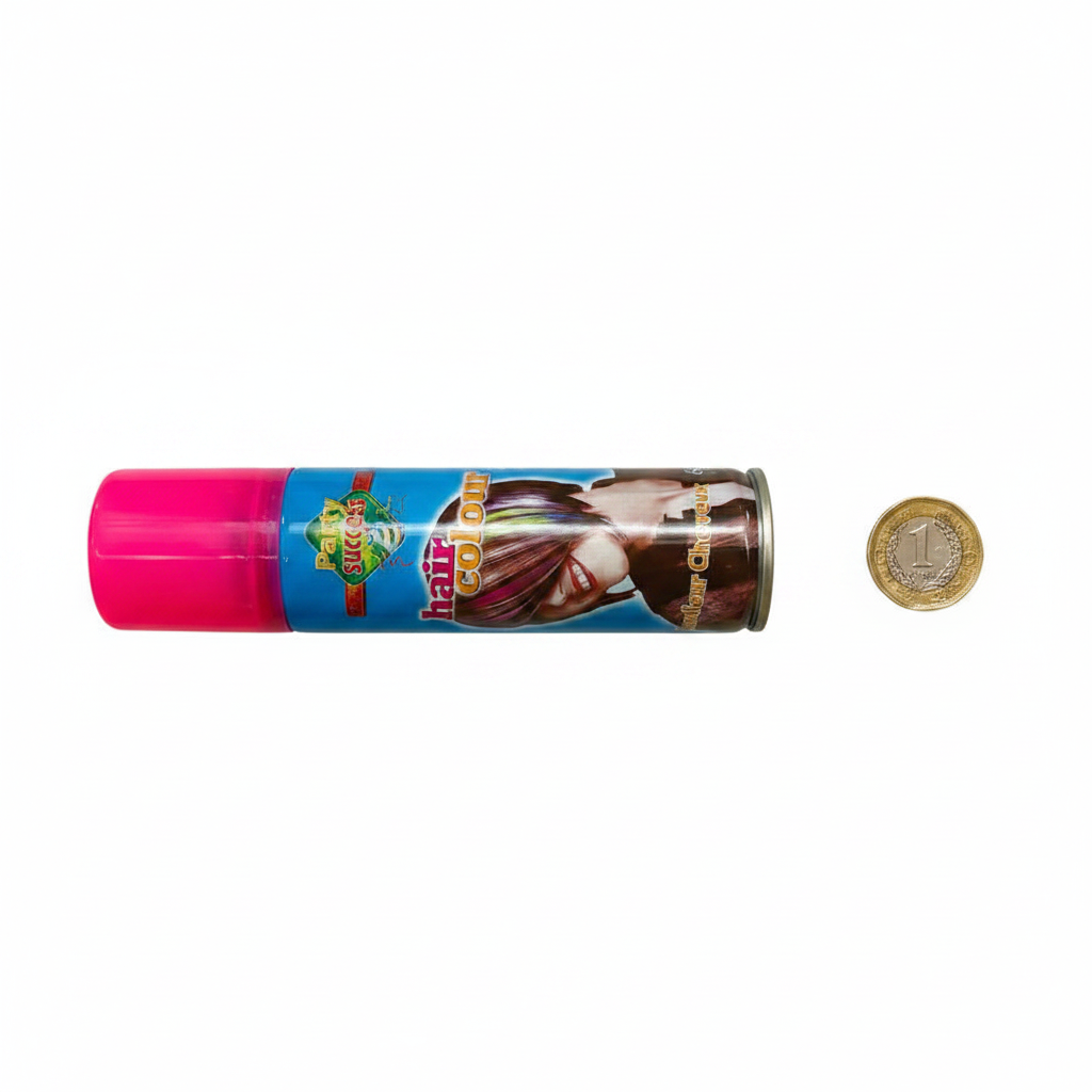 Party Success Fluorescent Pink Hair Colour Spray 125ml beside a £1 coin showing product size on white background