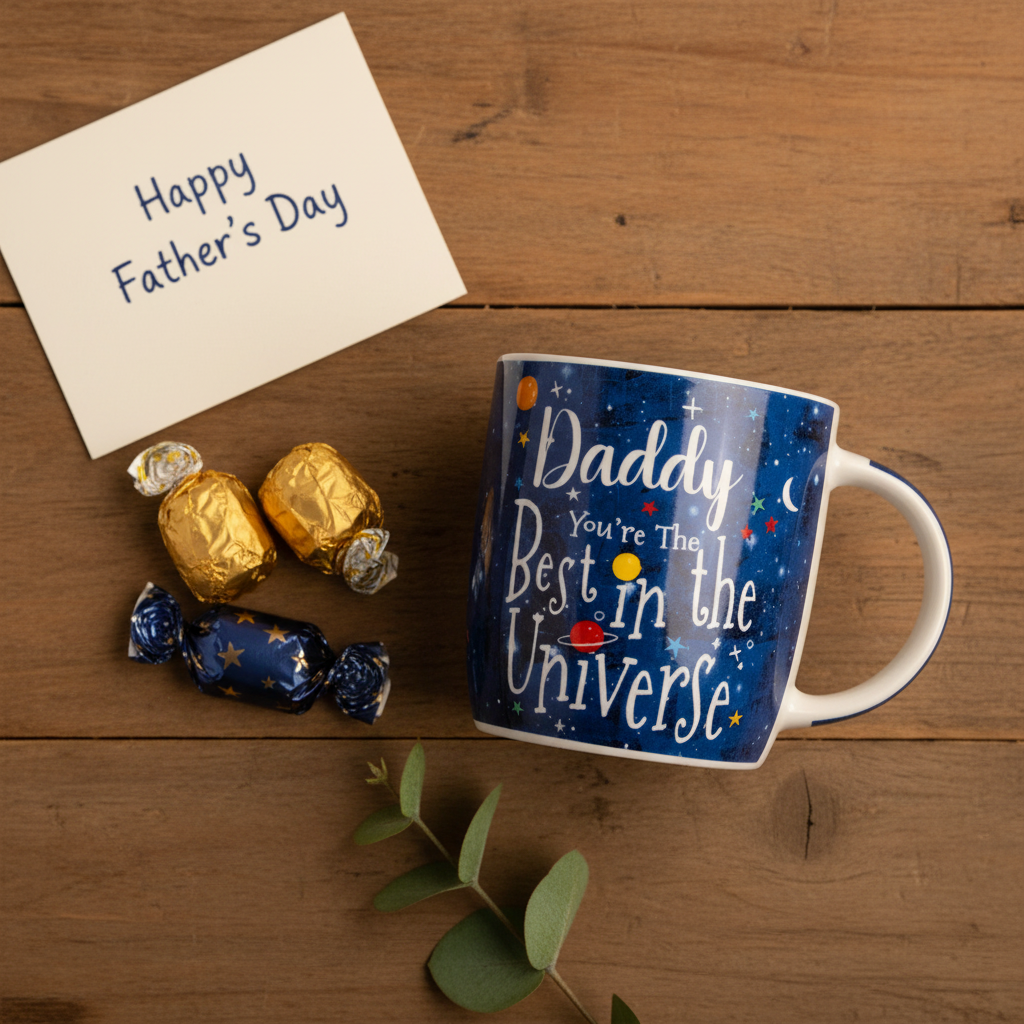 Flat lay of Best Daddy In The Universe mug with Father's Day card, chocolates and greenery on rustic wood