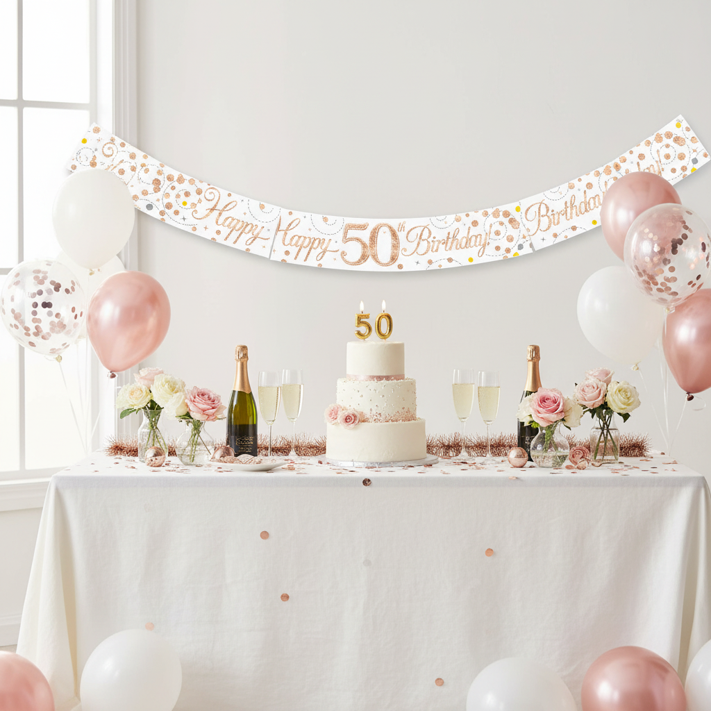 Beautiful 50th birthday party table with cake and Sparkling Fizz banner decoration