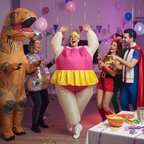 Group of friends laughing at person wearing Inflatable Funny Ballerina costume — star of the party