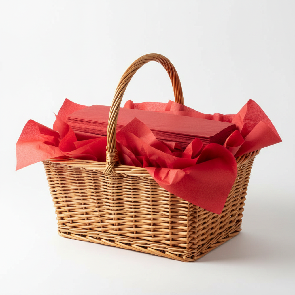 Red tissue paper arranged inside a wicker hamper gift basket