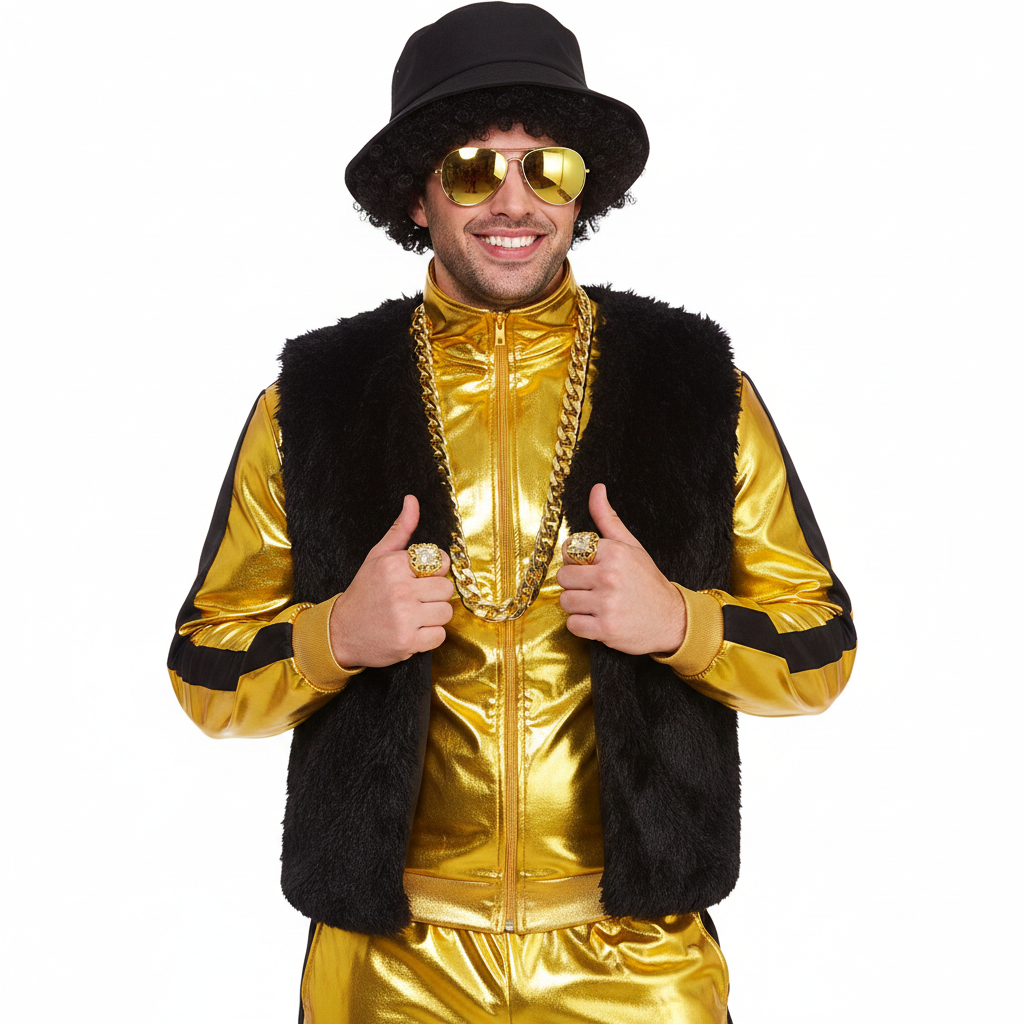 Person wearing chunky gold chain 68cm as part of a complete hip-hop rapper fancy dress costume