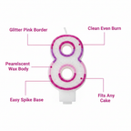 Pink Number 8 Birthday Candle feature infographic highlighting glitter border, pearlescent wax, clean burn, spike base and cake compatibility