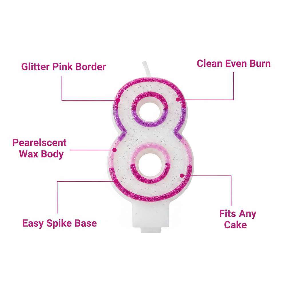 Pink Number 8 Birthday Candle feature infographic highlighting glitter border, pearlescent wax, clean burn, spike base and cake compatibility