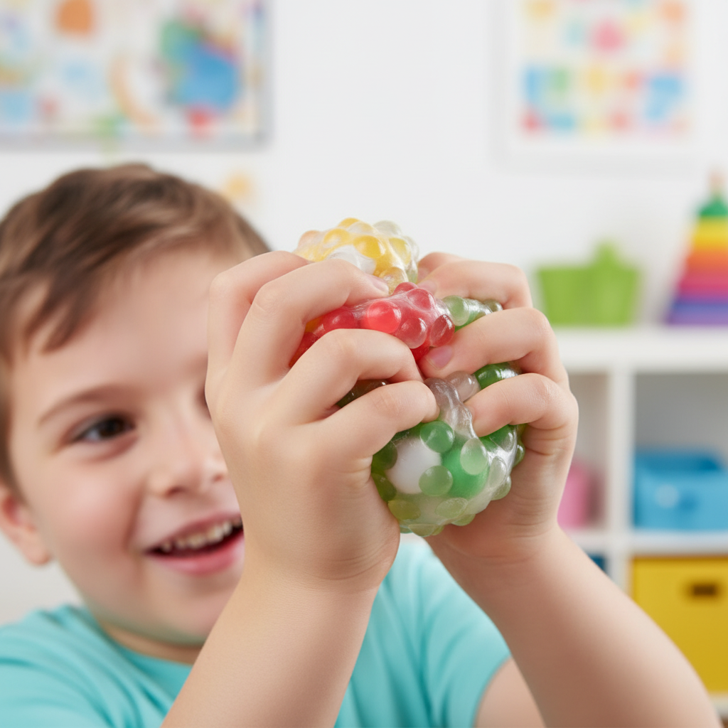 Child squeezing colourful Molecule Madness squishy water bead stress ball in playroom