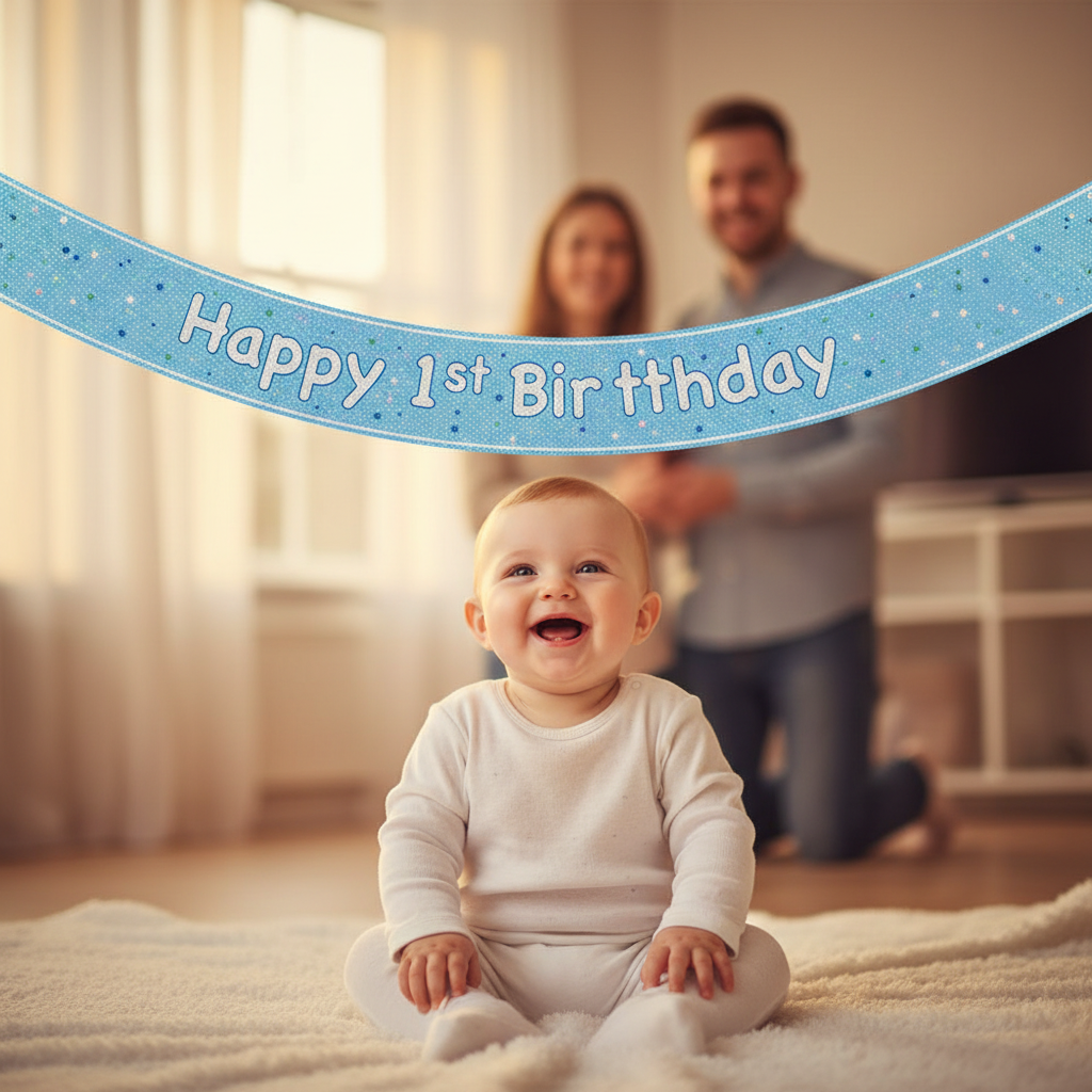 Baby laughing in front of blue glitter Happy 1st Birthday banner
