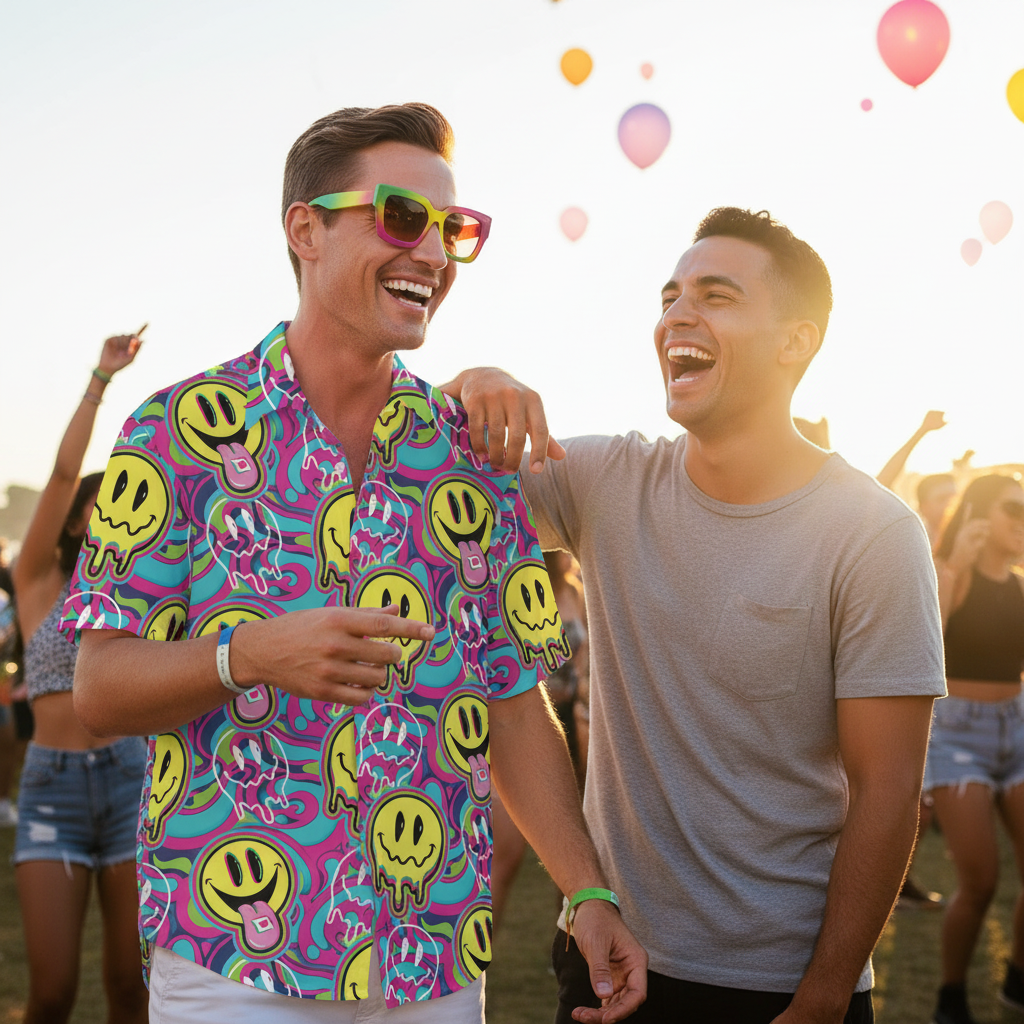 Two male friends laughing at outdoor festival, one wearing Mens 90s Acid Smiley Face Shirt Medium