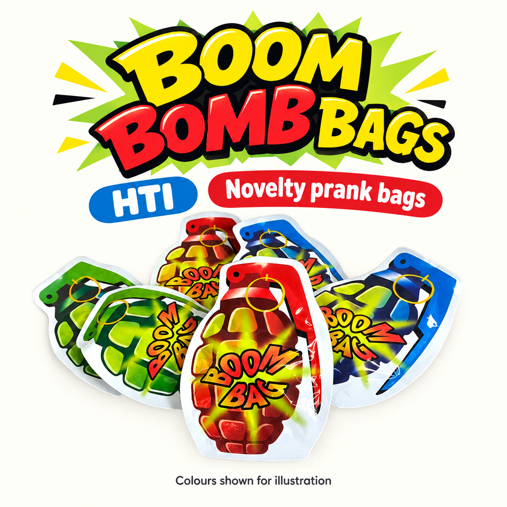 HTI Boom Bomb Bags product information graphic with colourful novelty bags