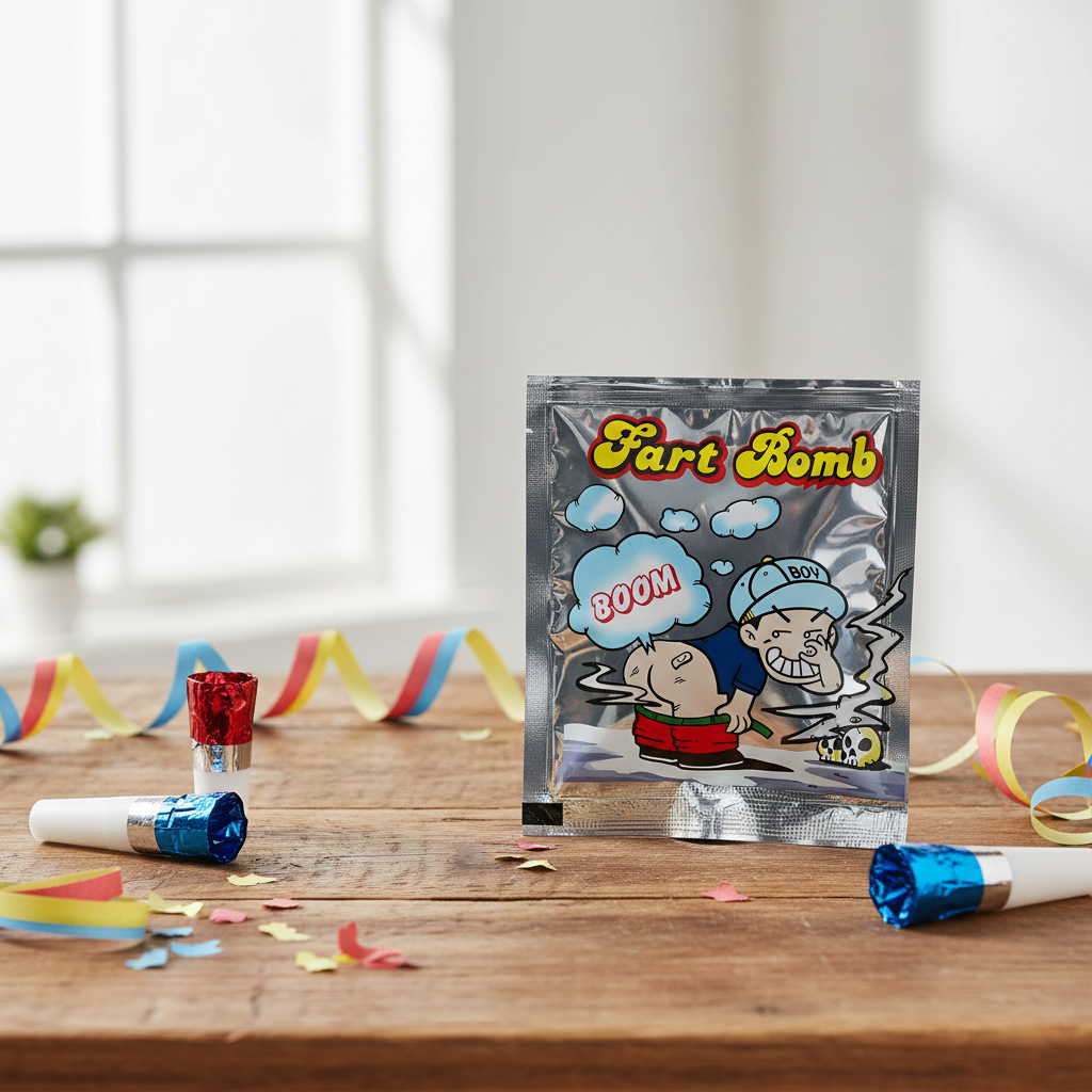 Henbrandt Silver Fart Bomb Bag on wooden party table with colourful streamers and party poppers in natural window light