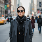 Stylish woman in black striped neck gaiter scarf walking confidently through a city street