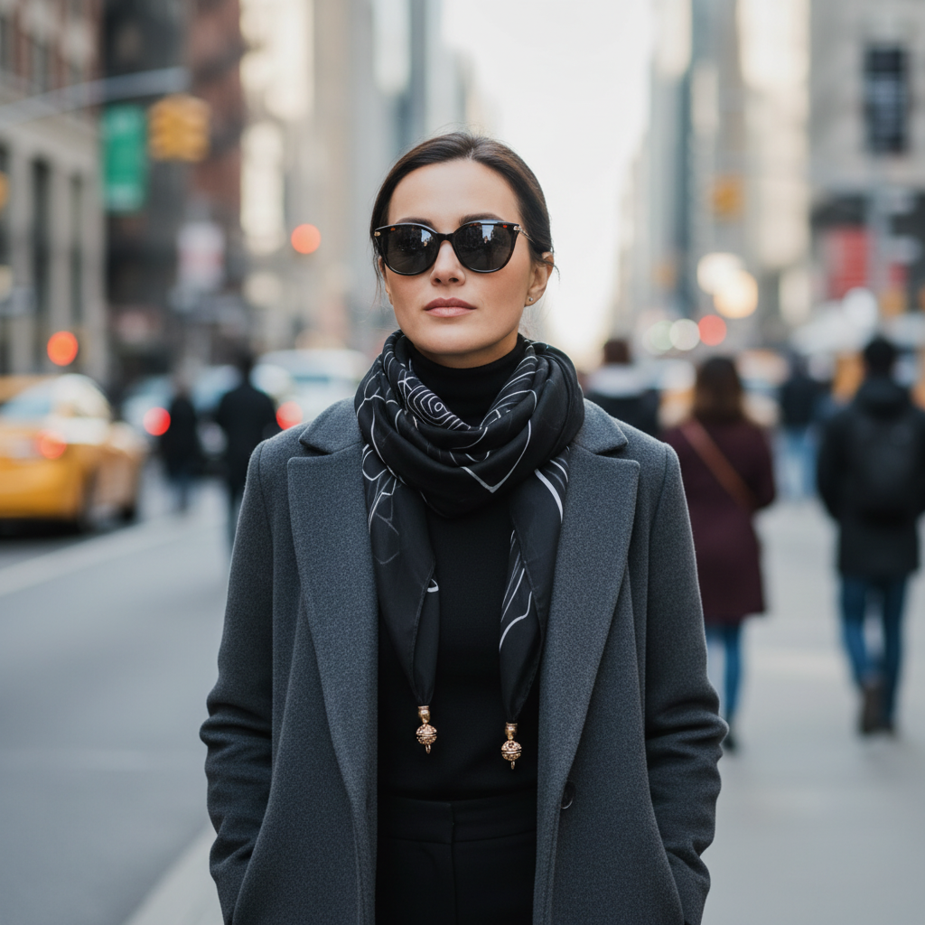 Stylish woman in black striped neck gaiter scarf walking confidently through a city street