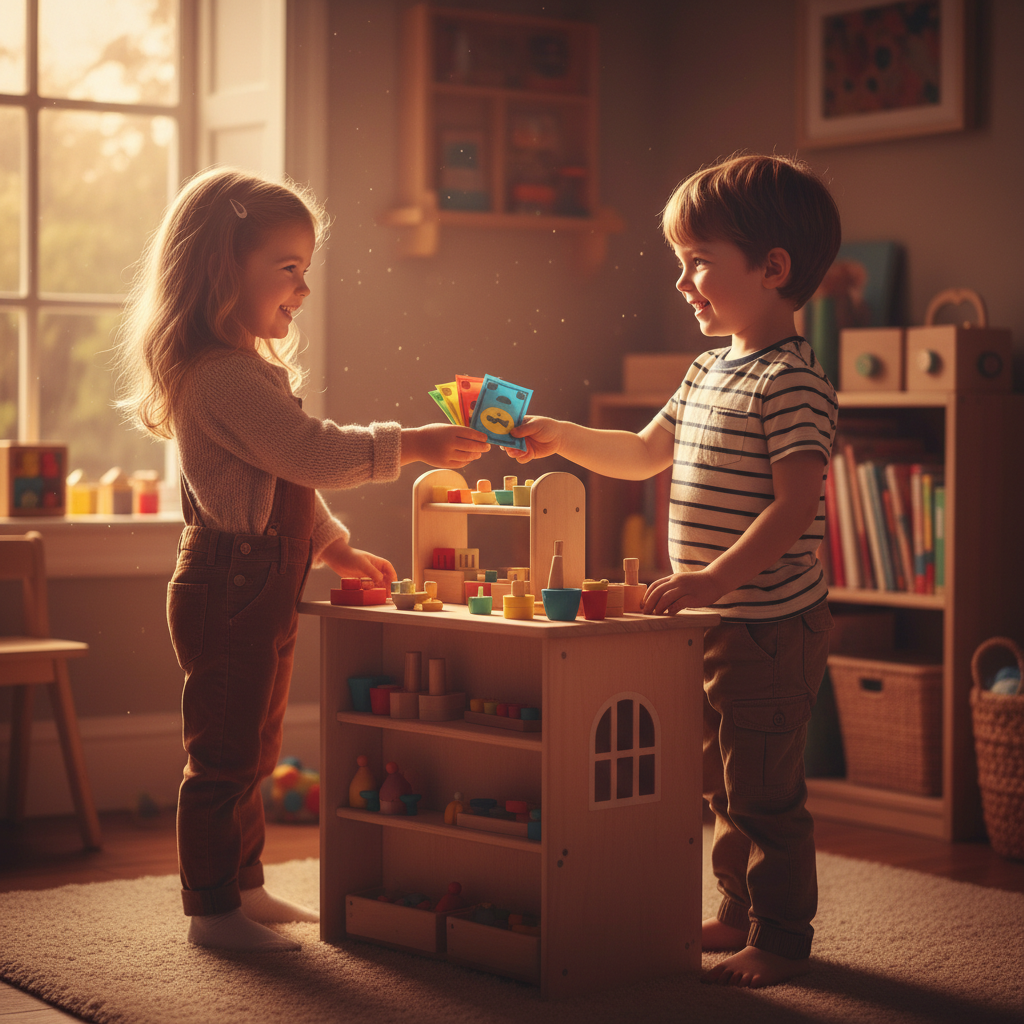 Two children playing shop with colourful play money notes in warm golden hour home setting