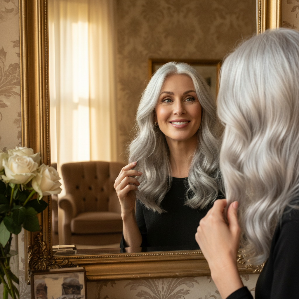 Woman admiring her gorgeous silver metallic hair transformation in a mirror, warm natural light