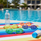 Kids Swimming Goggles placed poolside on a colourful towel in a natural summer setting