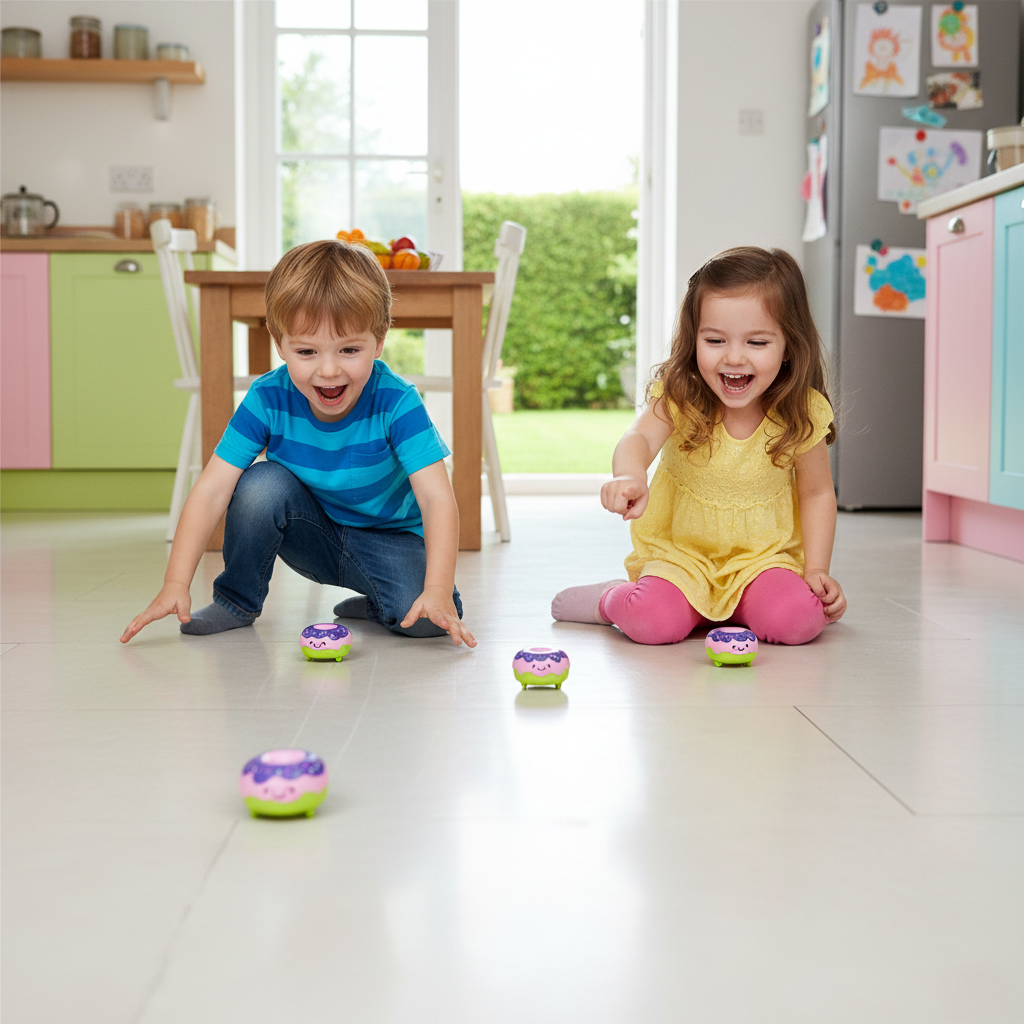 Two children racing donut shaped pull back toy cars on kitchen floor