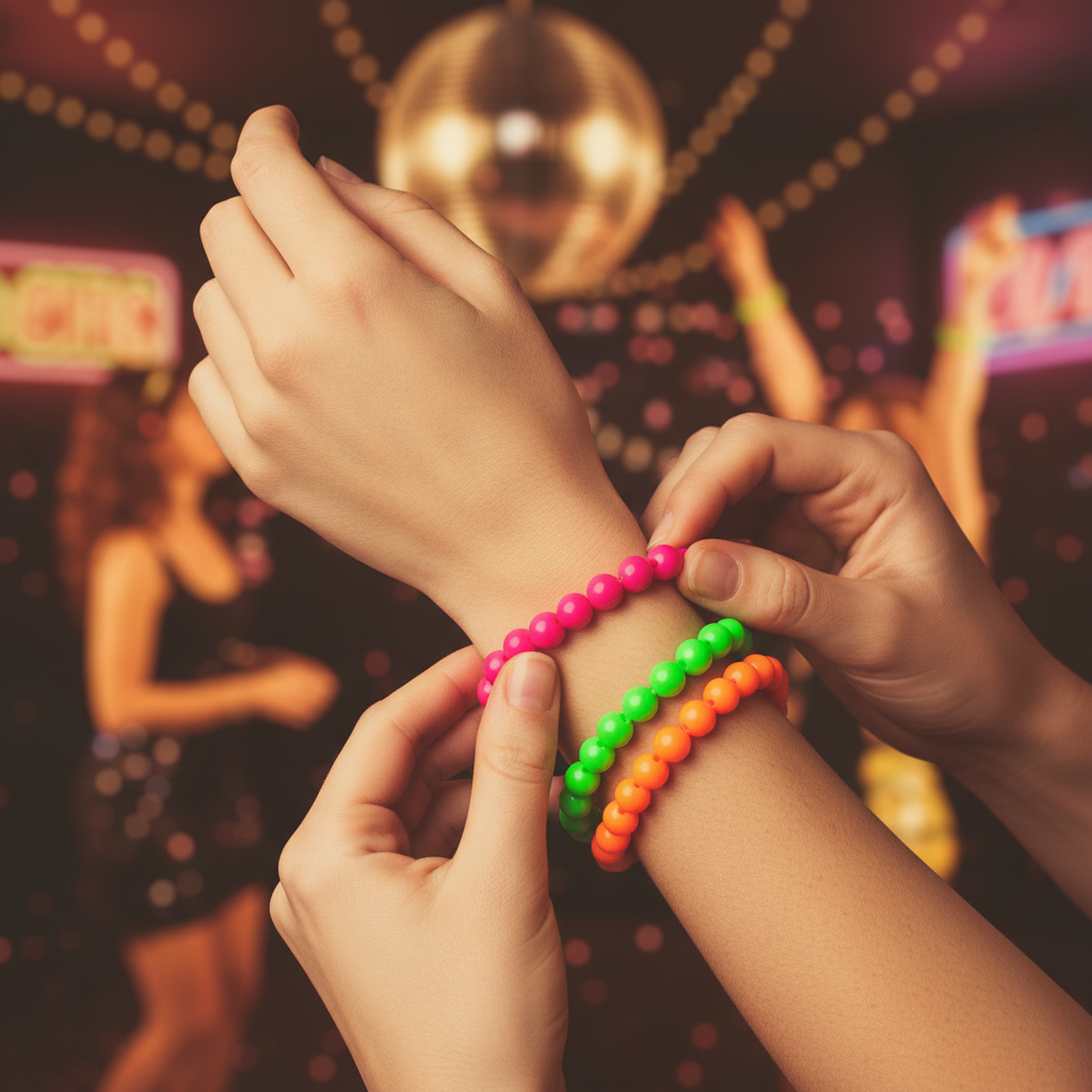 Candid shot of woman putting on neon hot pink bead bracelet with other neon bracelets on wrist, bokeh background