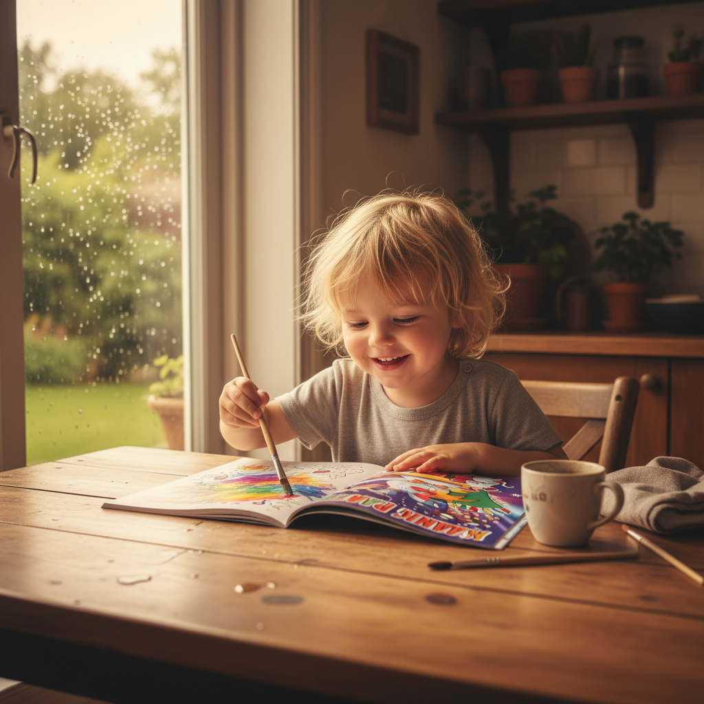 Young child happily painting in a Magic Painting Book at a kitchen table in warm golden hour light
