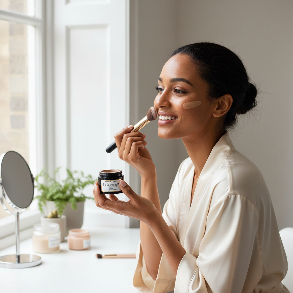 Woman applying Leichner Camera Clear Foundation Copper in natural daylight setting